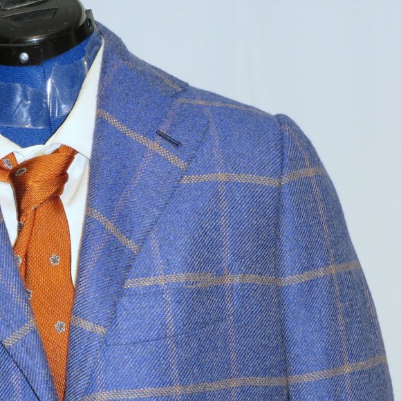 Cesare Attolini Custom Made Blue Plaid Cashmere Three Button Blazer 36R